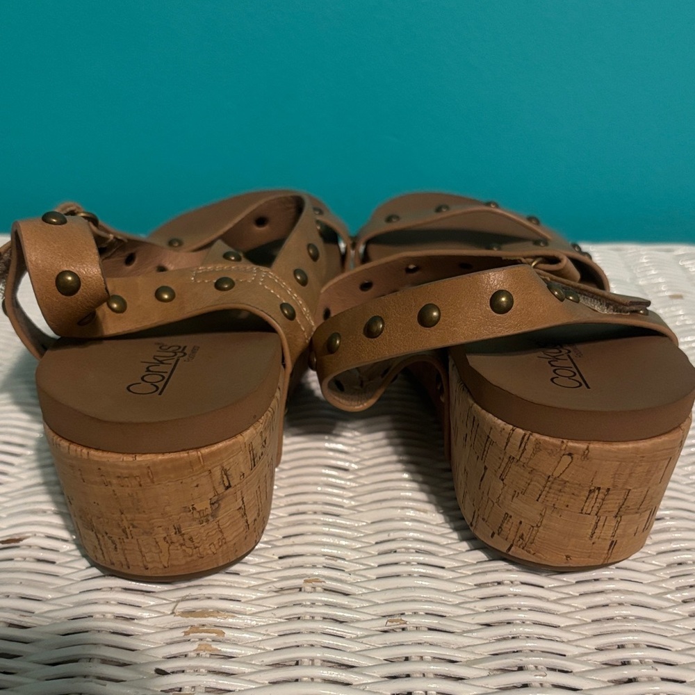 Corkys Tan Studded Cork Wedge Sandals - Women's - Picture 8 of 8